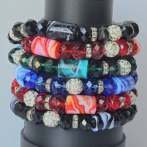 🦋 NEW 6 Handmade Colorful Beaded Stretch Bracelets Y2K, Green Blue Black Red 7"